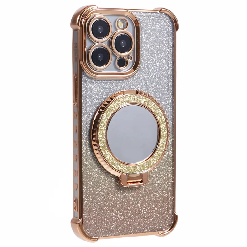 For iPhone 12 Pro Max Case Round Mirror Anti-drop TPU Glitter Phone Cover with Kickstand - Gold