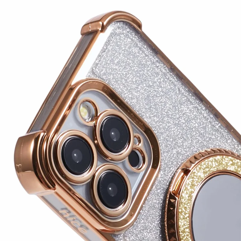 For iPhone 12 Pro Max Case Round Mirror Anti-drop TPU Glitter Phone Cover with Kickstand - Gold