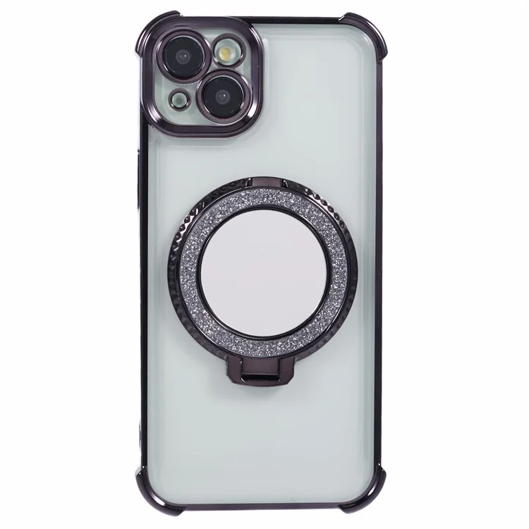 Für iPhone 15 Seitliches Herzform-Muster Hülle Ständer TPU Handyhülle mit Spiegel - Schwarz