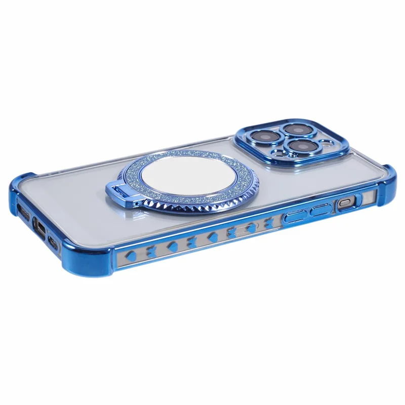 For iPhone 14 Pro Max Side Heart Pattern Case Kickstand TPU Phone Cover with Mirror - Blue