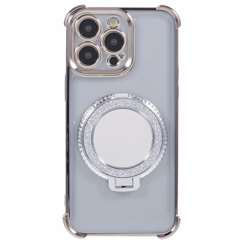 For iPhone 14 Pro Max Side Heart Pattern Case Kickstand TPU Phone Cover with Mirror - Grey