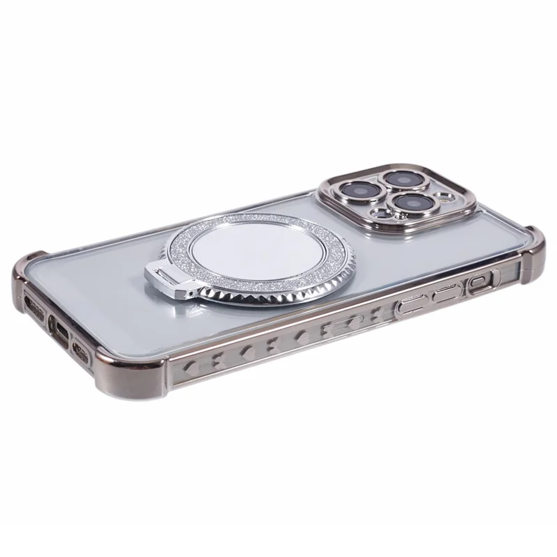 For iPhone 14 Pro Max Side Heart Pattern Case Kickstand TPU Phone Cover with Mirror - Grey