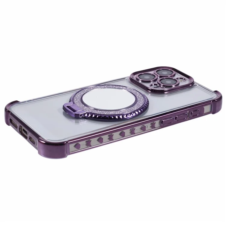For iPhone 12 Pro Max Side Heart Pattern Case Kickstand TPU Phone Cover with Mirror - Dark Purple