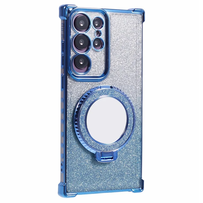 For Samsung Galaxy S22 Ultra 5G Case TPU Glitter Phone Cover with Kickstand and Mirror - Blue