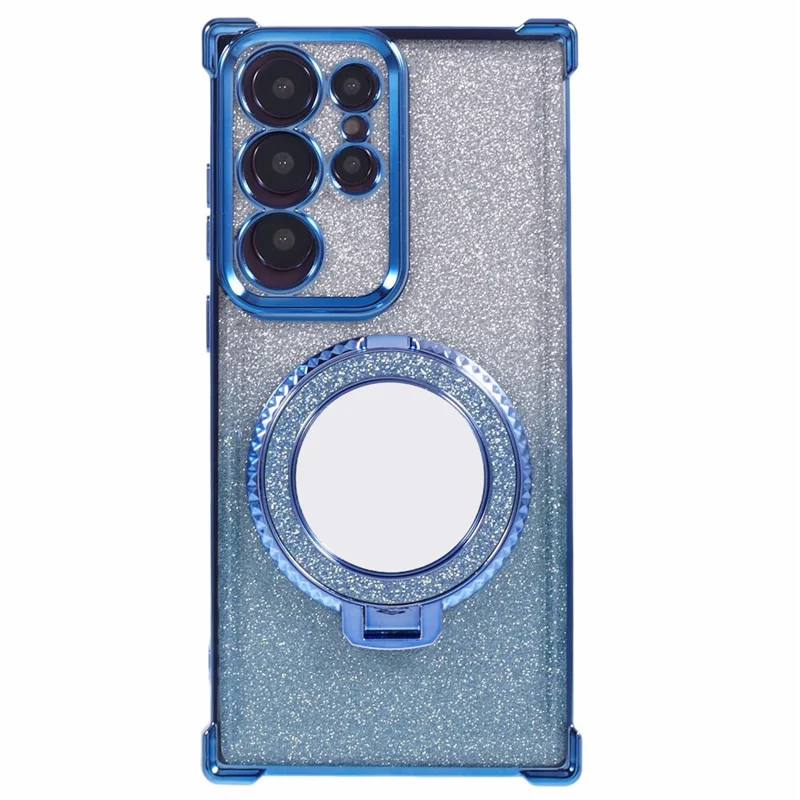 For Samsung Galaxy S22 Ultra 5G Case TPU Glitter Phone Cover with Kickstand and Mirror - Blue