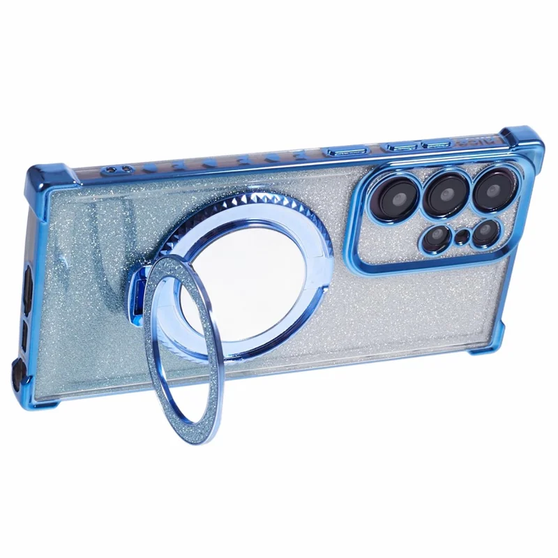 For Samsung Galaxy S22 Ultra 5G Case TPU Glitter Phone Cover with Kickstand and Mirror - Blue