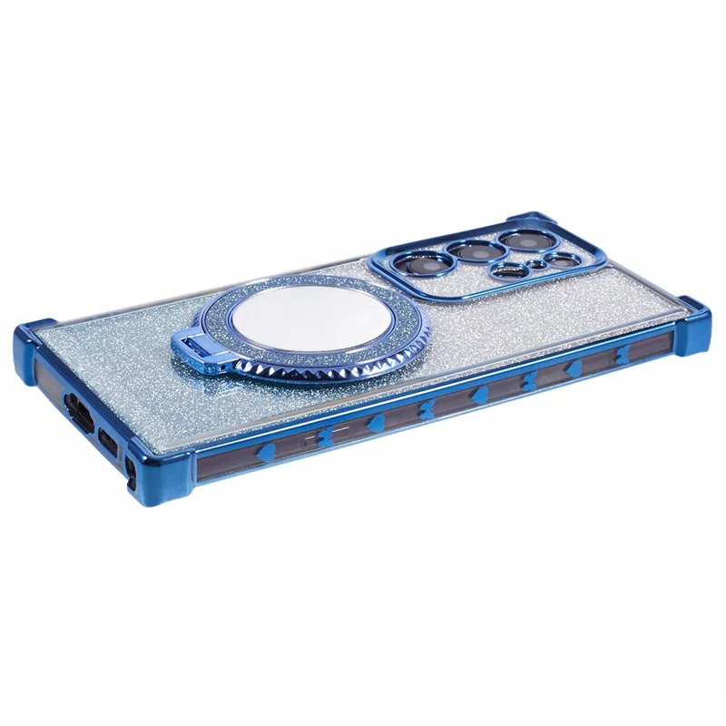 For Samsung Galaxy S22 Ultra 5G Case TPU Glitter Phone Cover with Kickstand and Mirror - Blue