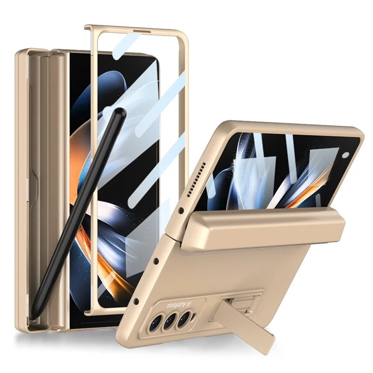 GKK Para Samsung Galaxy Z Fold4 5g Pen Magnetic Pen Hingle Caixa de Telefone de Hinge Kickstand PC Com Protetor de Tela de Vidro Temperado - Gold de Champanhe