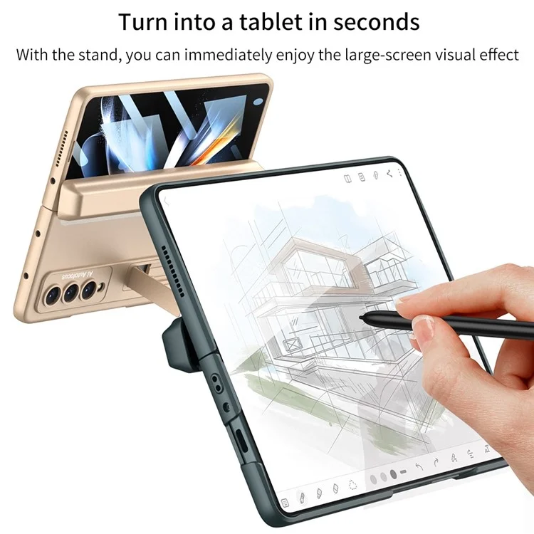 GKK Para Samsung Galaxy Z Fold4 5g Pen Magnetic Pen Hingle Caixa de Telefone de Hinge Kickstand PC Com Protetor de Tela de Vidro Temperado - Gold de Champanhe