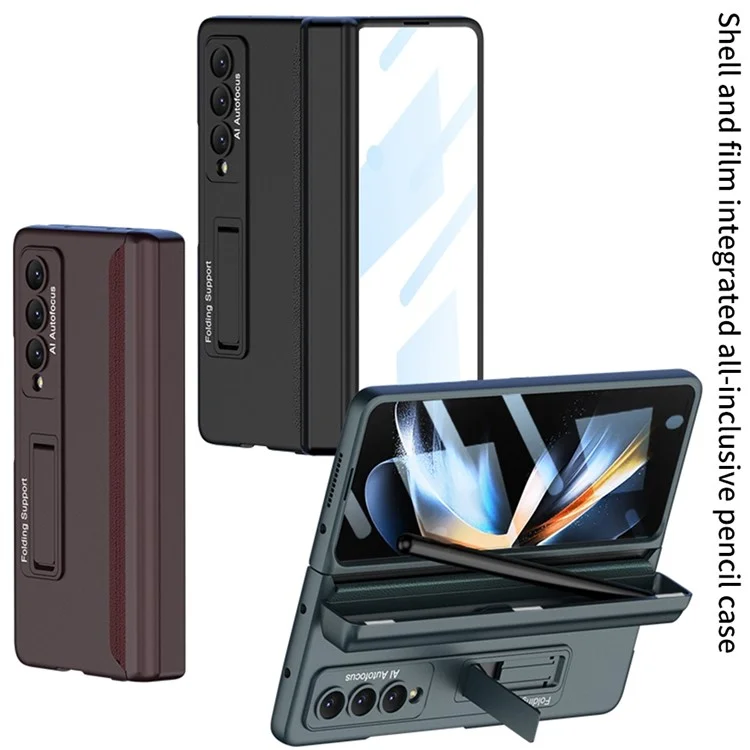 GKK Para Samsung Galaxy Z Fold4 5g Pen Magnetic Pen Hingle Caixa de Telefone de Hinge Kickstand PC Com Protetor de Tela de Vidro Temperado - Gold de Champanhe