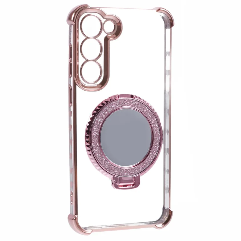 For Samsung Galaxy S23 Case Mirror Kickstand TPU Phone Cover Side Heart Pattern - Pink