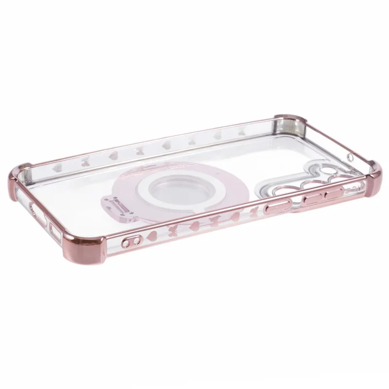 For Samsung Galaxy S23 Case Mirror Kickstand TPU Phone Cover Side Heart Pattern - Pink