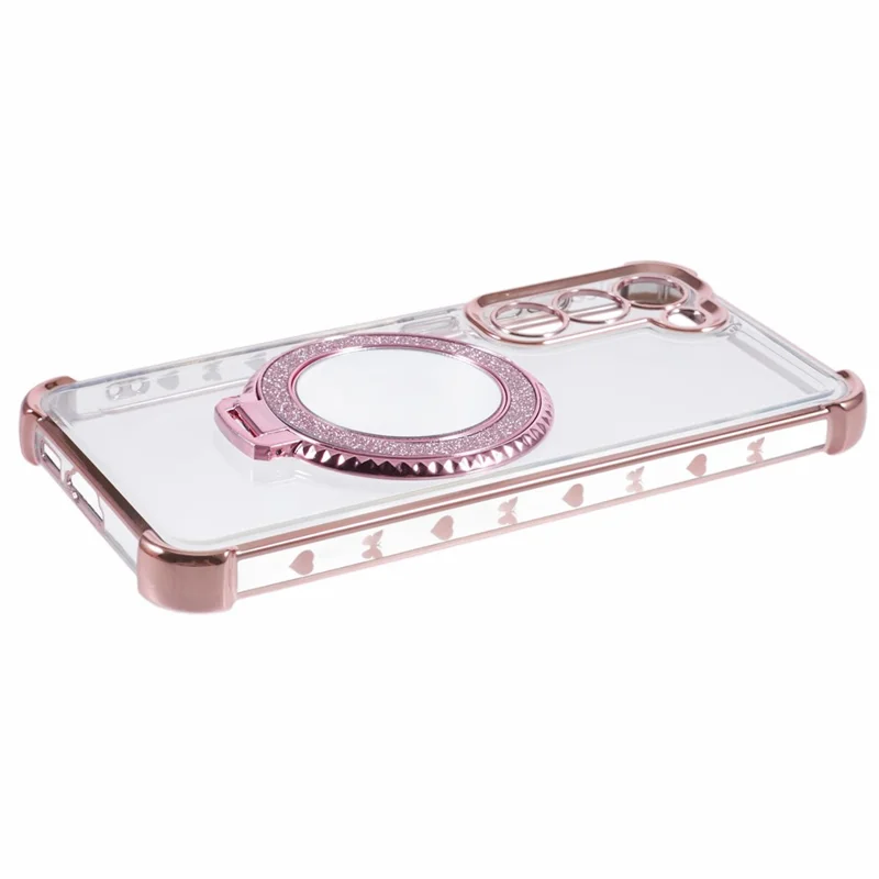 For Samsung Galaxy S23 Case Mirror Kickstand TPU Phone Cover Side Heart Pattern - Pink