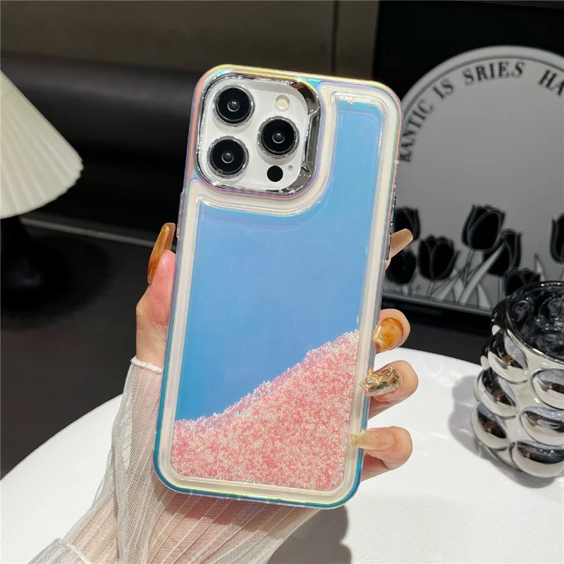 For iPhone 13 Pro Max Cell Phone Cover Flowing Beads PC+TPU Back Case - Pink White