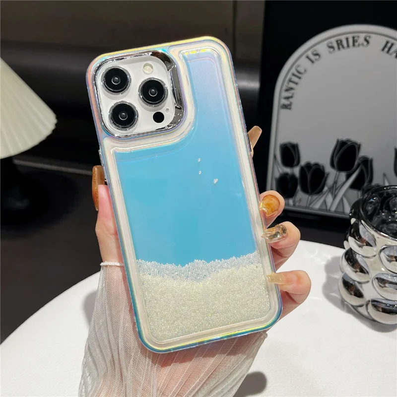 For iPhone 13 Pro Cell Phone Cover Flowing Beads PC+TPU Back Case - White