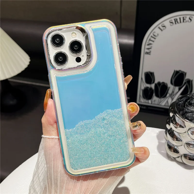 For iPhone 13 Pro Cell Phone Cover Flowing Beads PC+TPU Back Case - Light Blue