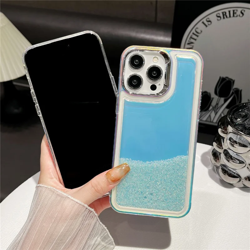 For iPhone 13 Pro Cell Phone Cover Flowing Beads PC+TPU Back Case - Light Blue
