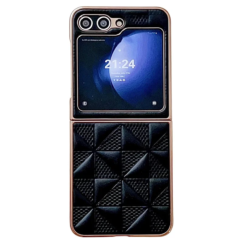 For Samsung Galaxy Z Flip7 FE 5G / Z Flip6 5G / Z Flip5 5G Case Electroplating Frame Leather + PC Grid Texture Phone Cover - Black