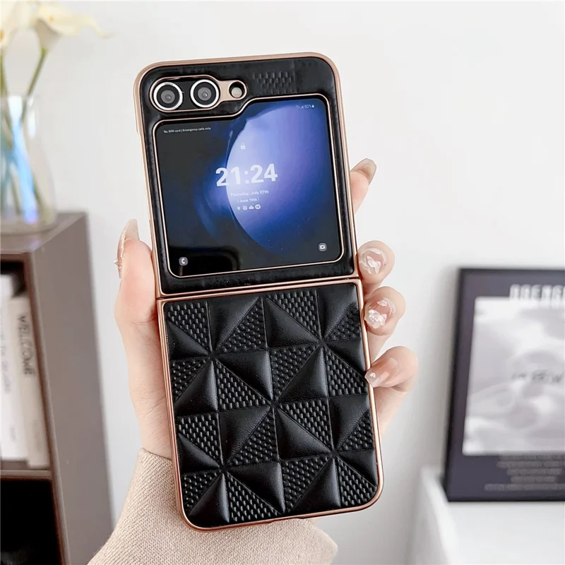 For Samsung Galaxy Z Flip7 FE 5G / Z Flip6 5G / Z Flip5 5G Case Electroplating Frame Leather + PC Grid Texture Phone Cover - Black