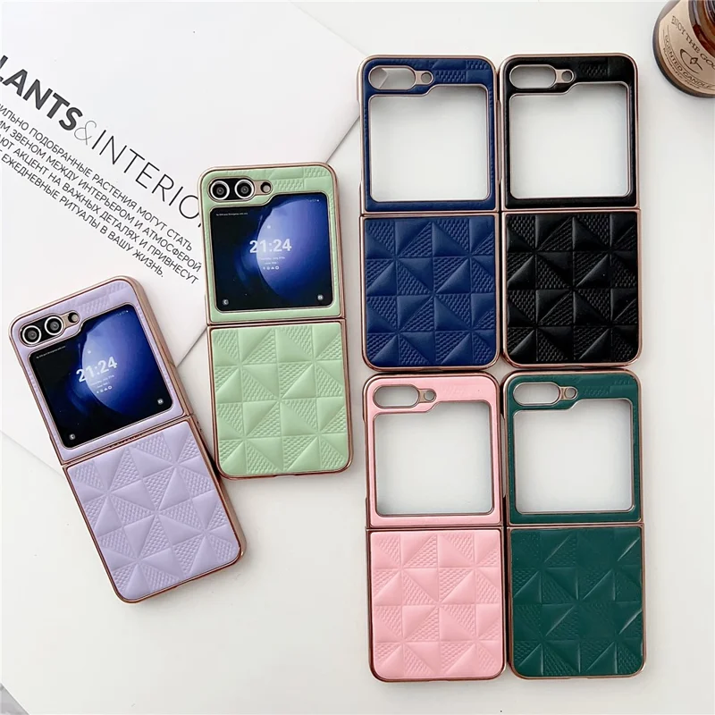 For Samsung Galaxy Z Flip7 FE 5G / Z Flip6 5G / Z Flip5 5G Case Electroplating Frame Leather + PC Grid Texture Phone Cover - Black