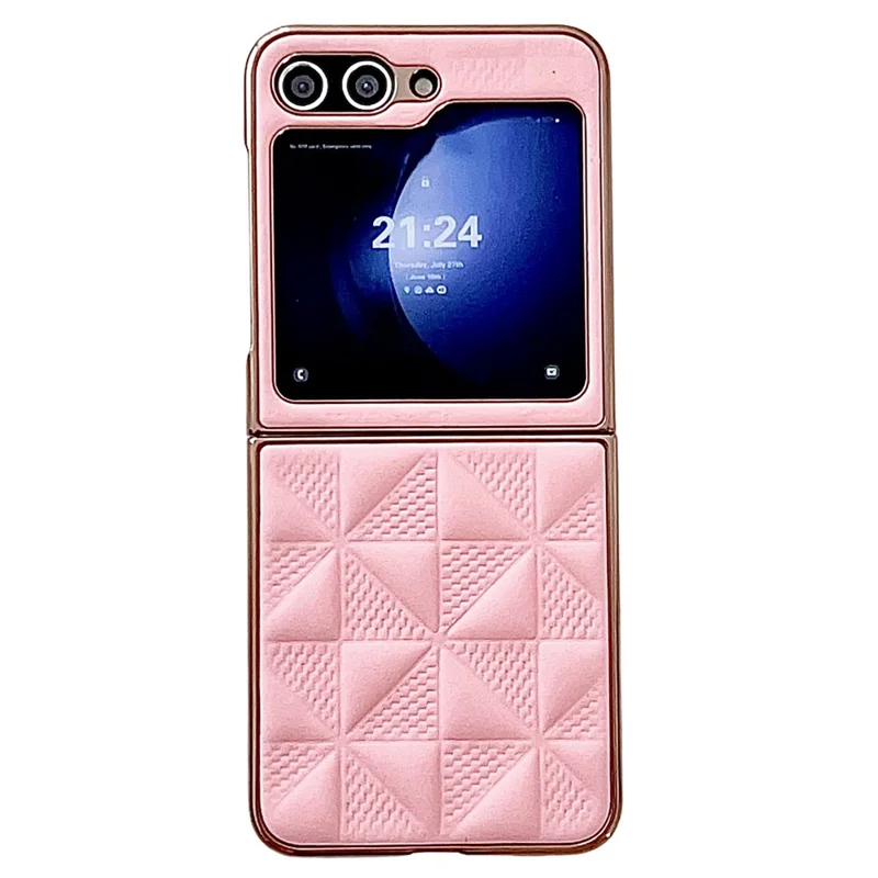 Pour Samsung Galaxy Z Flip6 5G / Z Flip5 5G Étui Revêtement de Cadre Électrolytique Cuir + Texture de Grille PC Housse de Téléphone - Rose