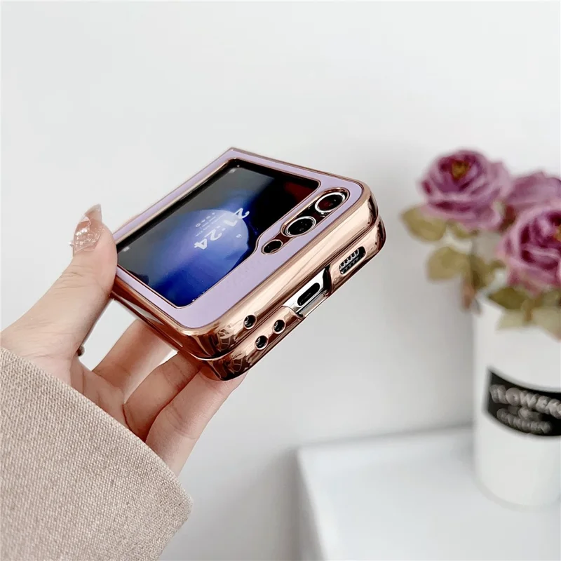 Pour Samsung Galaxy Z Flip6 5G / Z Flip5 5G Étui Revêtement de Cadre Électrolytique Cuir + Texture de Grille PC Housse de Téléphone - Rose