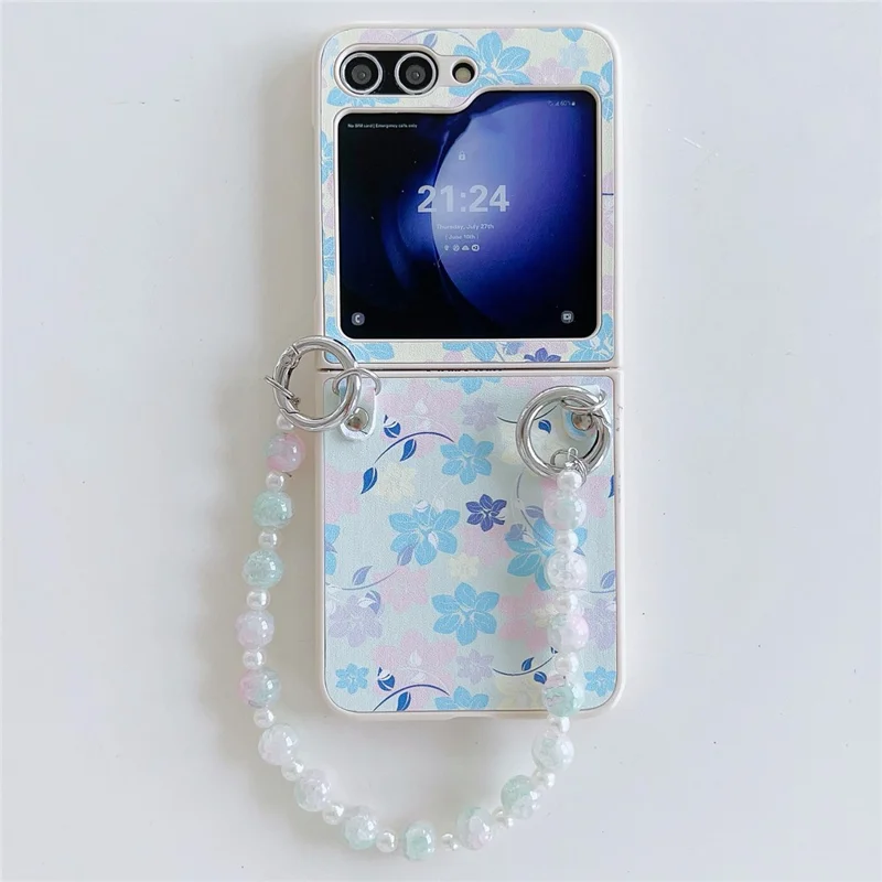 For Samsung Galaxy Z Flip5 5G Folding Phone Case Flower Pattern PU+PC Cover with Beaded Hand Strap - Yellow Flower