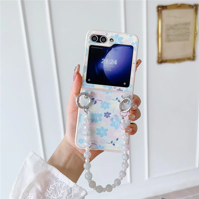 For Samsung Galaxy Z Flip5 5G Folding Phone Case Flower Pattern PU+PC Cover with Beaded Hand Strap - Yellow Flower