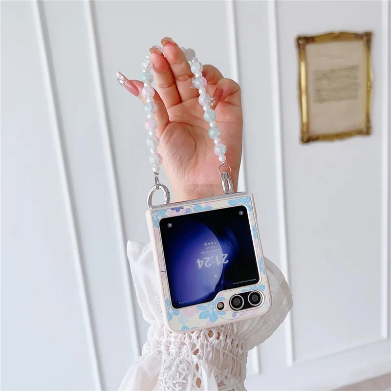 For Samsung Galaxy Z Flip5 5G Folding Phone Case Flower Pattern PU+PC Cover with Beaded Hand Strap - Yellow Flower