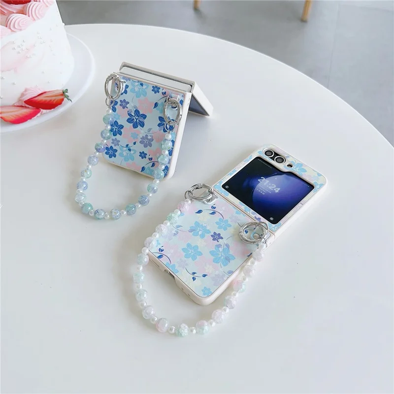 For Samsung Galaxy Z Flip5 5G Folding Phone Case Flower Pattern PU+PC Cover with Beaded Hand Strap - Yellow Flower