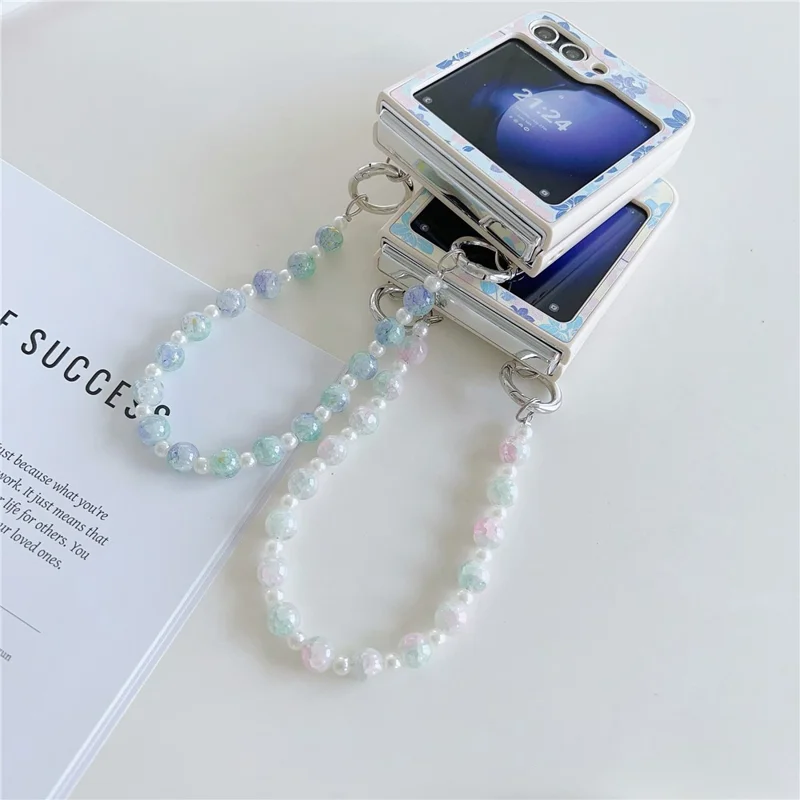 For Samsung Galaxy Z Flip5 5G Folding Phone Case Flower Pattern PU+PC Cover with Beaded Hand Strap - Yellow Flower