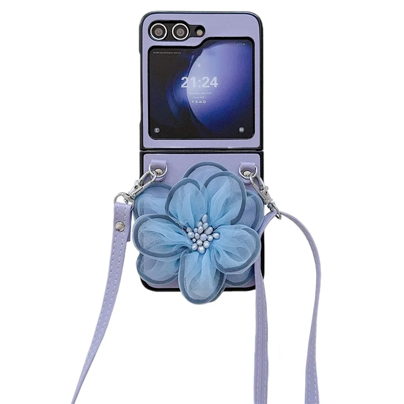 Wholesale Phone Case for Samsung Galaxy Z Flip5 5G PC+PU Leather Phone Shell with Flower Decor +Shoulder Strap - Purple
