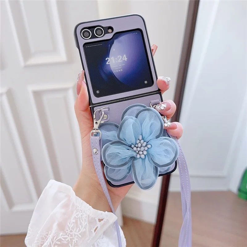 Wholesale Phone Case for Samsung Galaxy Z Flip5 5G PC+PU Leather Phone Shell with Flower Decor +Shoulder Strap - Purple