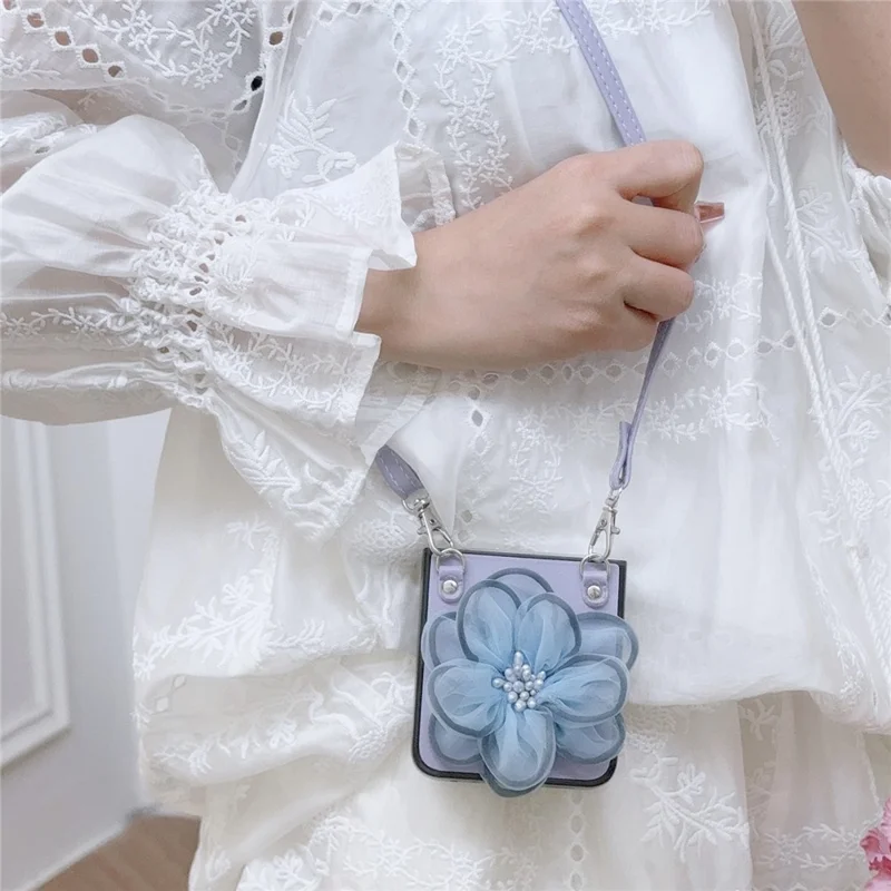 Wholesale Phone Case for Samsung Galaxy Z Flip5 5G PC+PU Leather Phone Shell with Flower Decor +Shoulder Strap - Purple