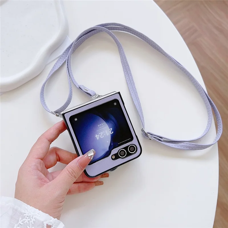 Wholesale Phone Case for Samsung Galaxy Z Flip5 5G PC+PU Leather Phone Shell with Flower Decor +Shoulder Strap - Purple
