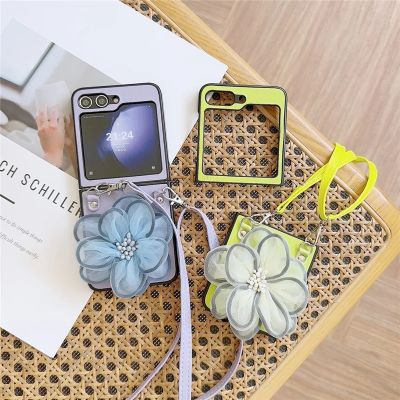 Wholesale Phone Case for Samsung Galaxy Z Flip5 5G PC+PU Leather Phone Shell with Flower Decor +Shoulder Strap - Purple