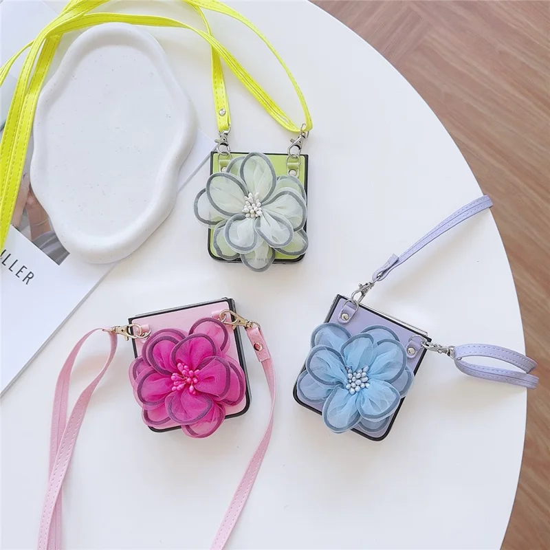 Wholesale Phone Case for Samsung Galaxy Z Flip5 5G PC+PU Leather Phone Shell with Flower Decor +Shoulder Strap - Purple