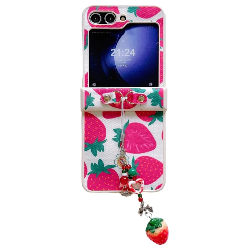 For Samsung Galaxy Z Flip5 5G Wholesale Phone Case PC+PU Leather Phone Shell with Strawberry Pendant - Red