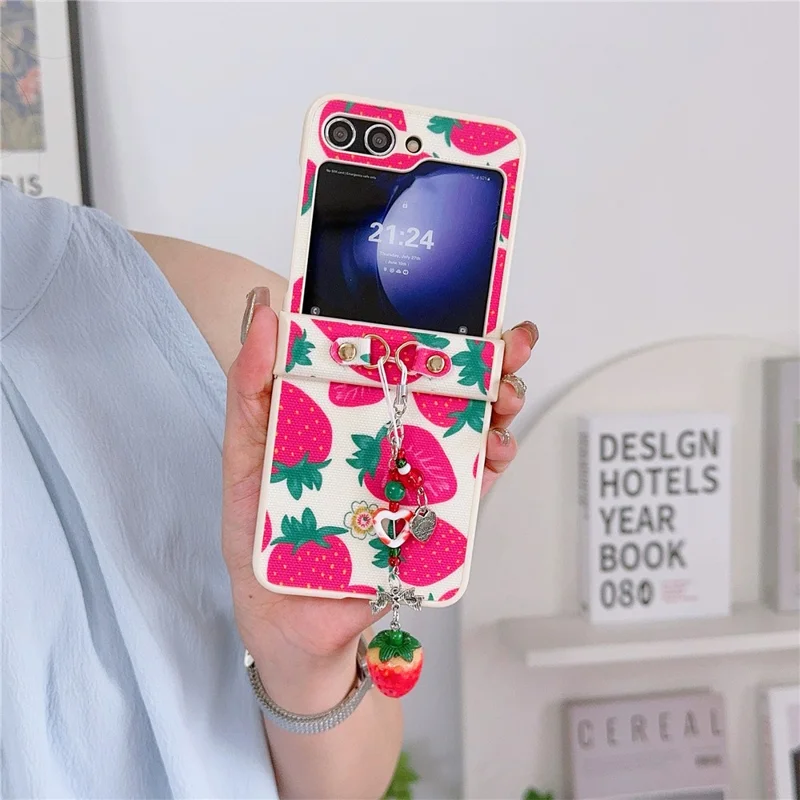 For Samsung Galaxy Z Flip5 5G Wholesale Phone Case PC+PU Leather Phone Shell with Strawberry Pendant - Red
