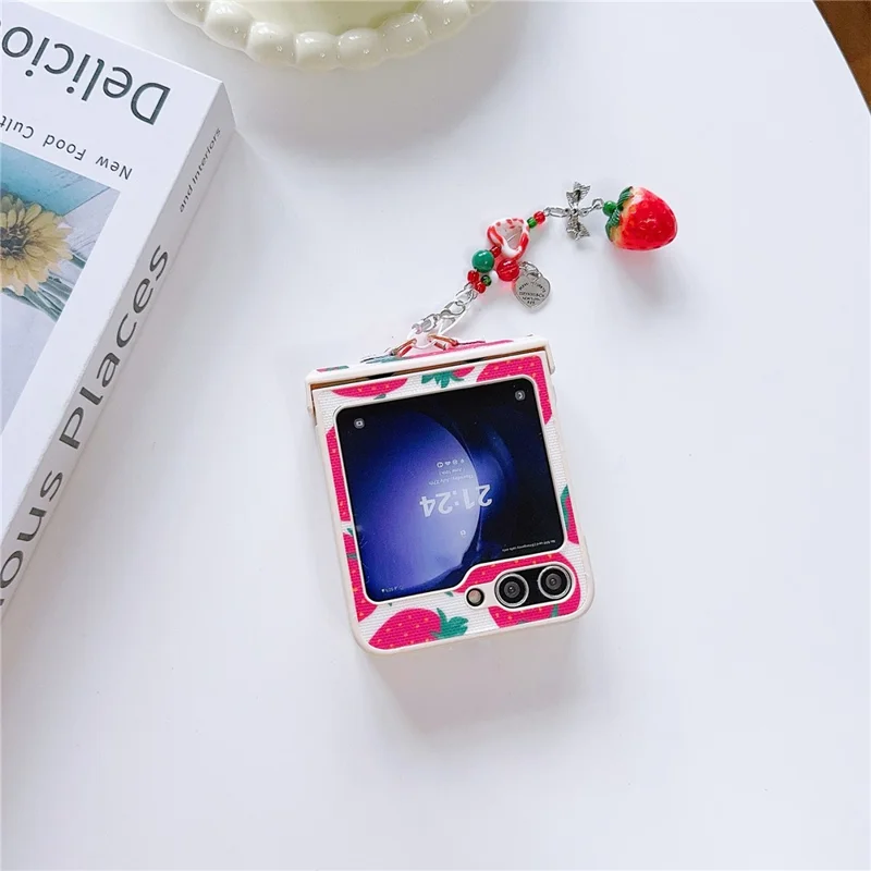 For Samsung Galaxy Z Flip5 5G Wholesale Phone Case PC+PU Leather Phone Shell with Strawberry Pendant - Red