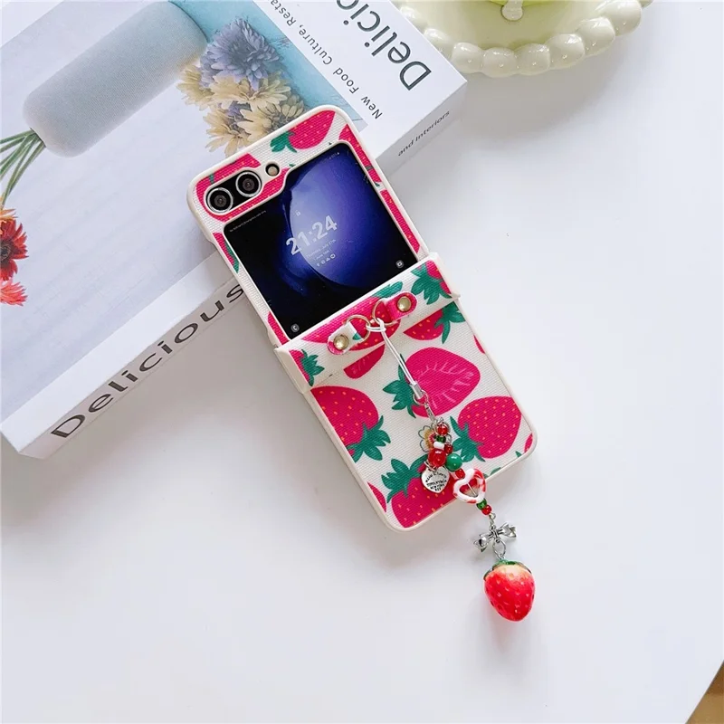 For Samsung Galaxy Z Flip5 5G Wholesale Phone Case PC+PU Leather Phone Shell with Strawberry Pendant - Red
