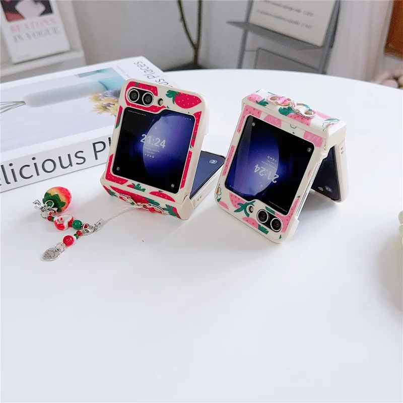 For Samsung Galaxy Z Flip5 5G Wholesale Phone Case PC+PU Leather Phone Shell with Strawberry Pendant - Red
