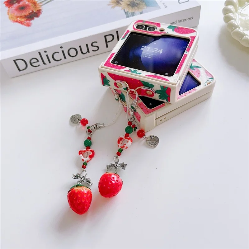 For Samsung Galaxy Z Flip5 5G Wholesale Phone Case PC+PU Leather Phone Shell with Strawberry Pendant - Red