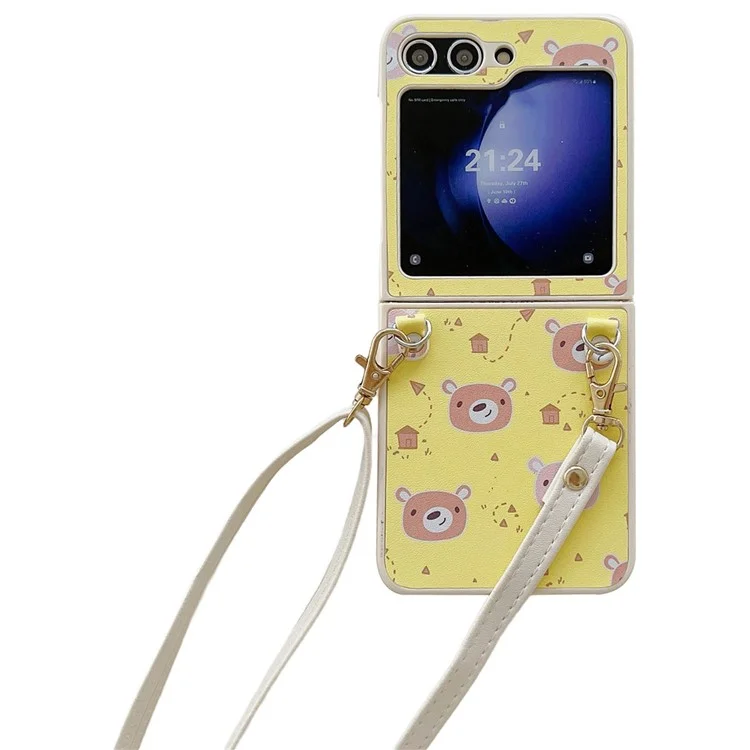 Para Samsung Galaxy Z Flip5 5G Folding Phone Case Cartoon Pattern Leather+PC Cover with Long Strap - Amarelo