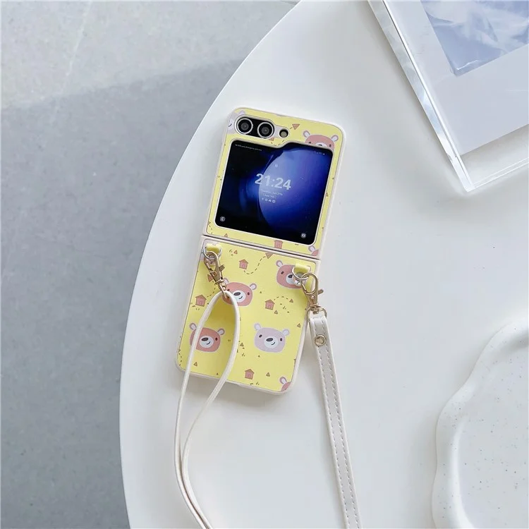 Para Samsung Galaxy Z Flip5 5G Folding Phone Case Cartoon Pattern Leather+PC Cover with Long Strap - Amarelo