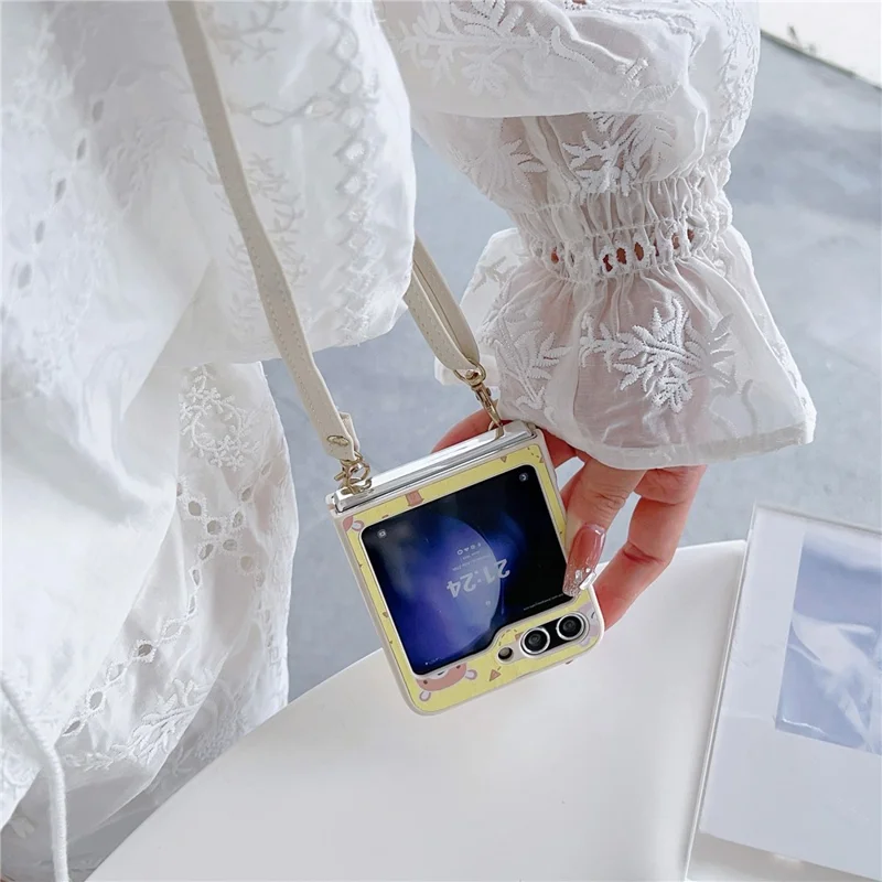 Para Samsung Galaxy Z Flip5 5G Folding Phone Case Cartoon Pattern Leather+PC Cover with Long Strap - Amarelo