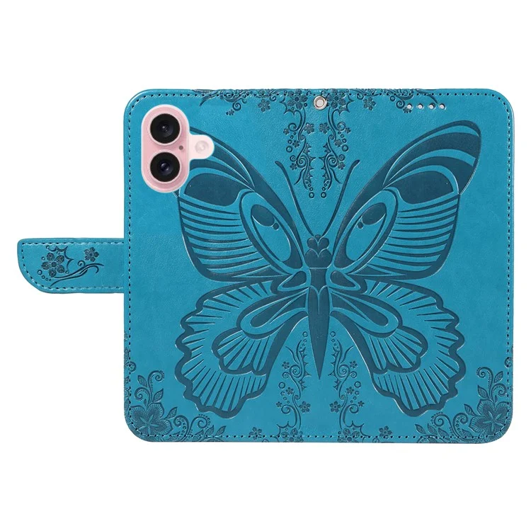 For iPhone 16 Case Butterfly Imprint Leather Folio Flip Cover - Blue
