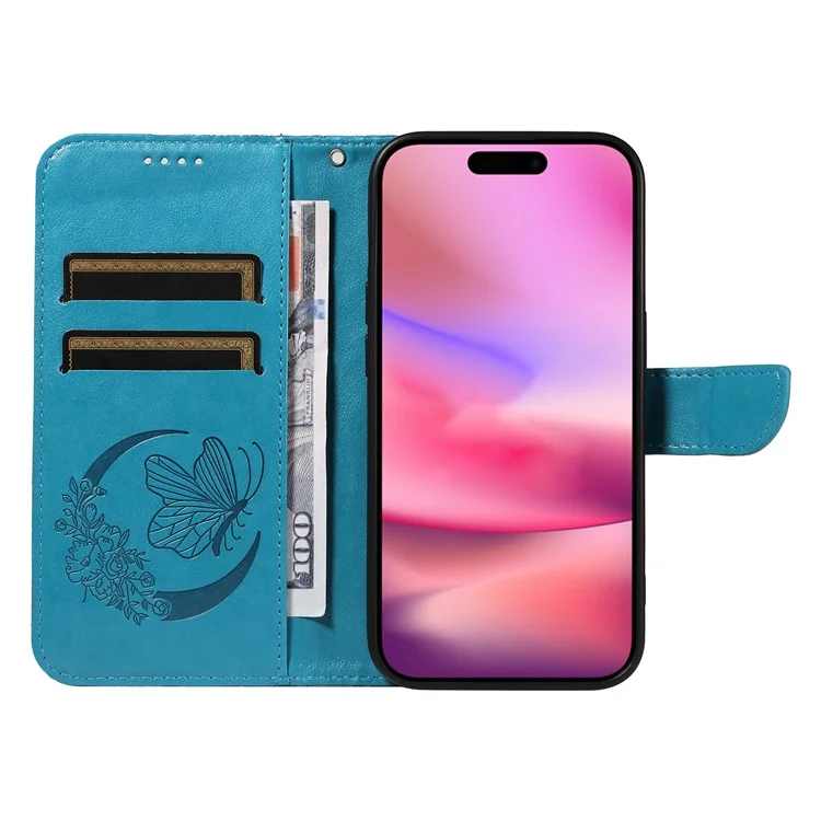 For iPhone 16 Case Butterfly Imprint Leather Folio Flip Cover - Blue
