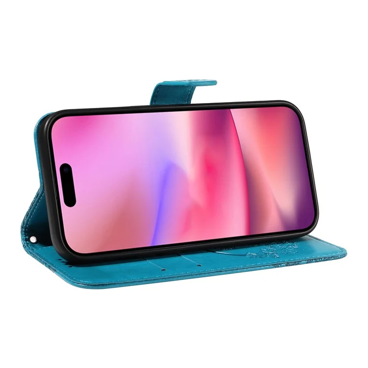 For iPhone 16 Case Butterfly Imprint Leather Folio Flip Cover - Blue