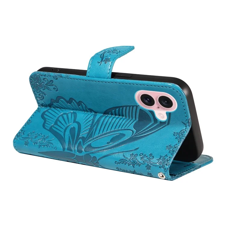 For iPhone 16 Case Butterfly Imprint Leather Folio Flip Cover - Blue